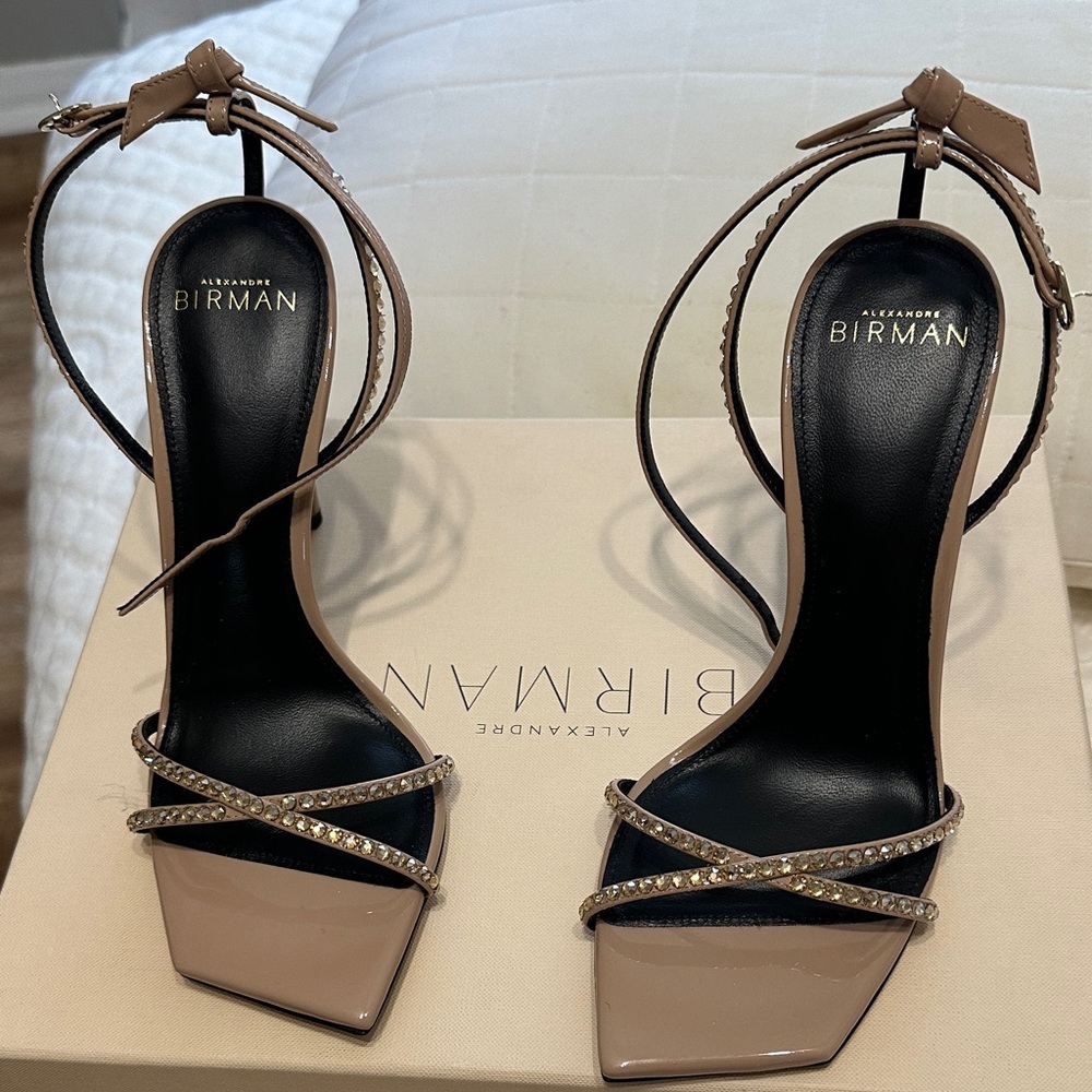 Alexandre Birman Rose Beige Strappy Heels with Crystal Accents